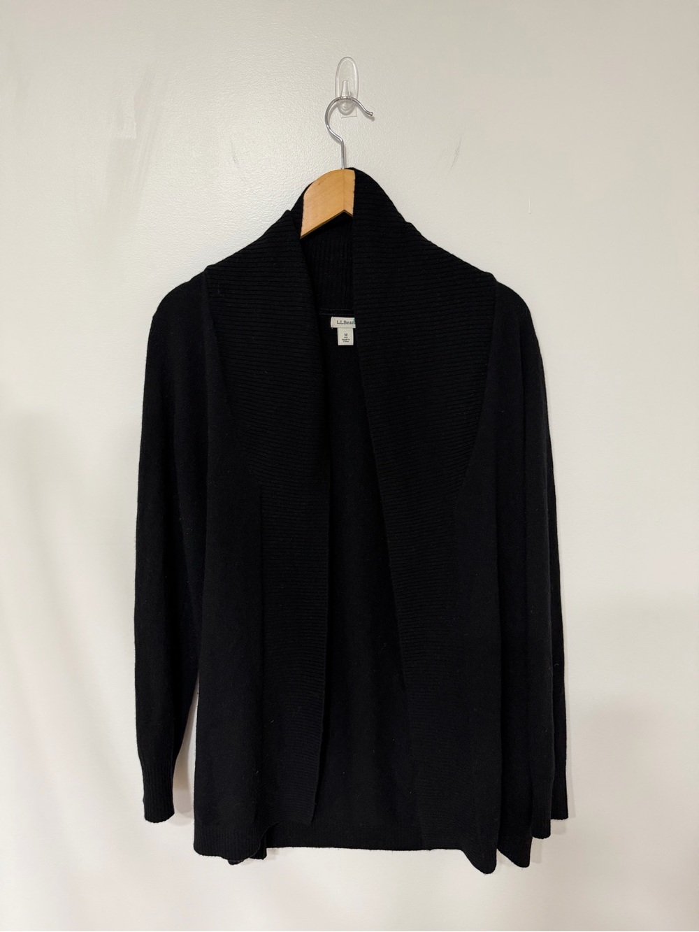 L.L.Bean 100% Cashmere Black Open Front Shawl Collar Cardigan Sweater Women’s M